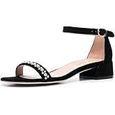 XYD Women Pearls Open Toe Strappy Low Block Heel Sandal Flats Ankle Strap with Buckle Wedding Bridal Dress Shoes
