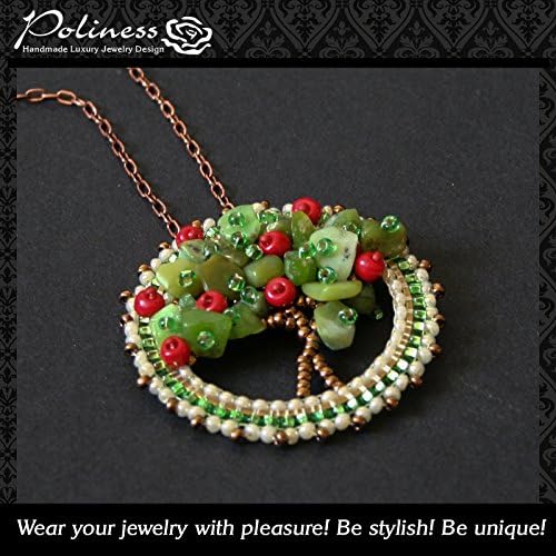 Adorable Handmade Beaded Green Pendant necklace Tree Of Life with Gemstones and Delica Beads.