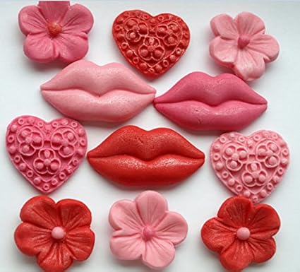 Comestible Rouge Coeurs Rose Lèvres Fleurs Cupcake Toppers