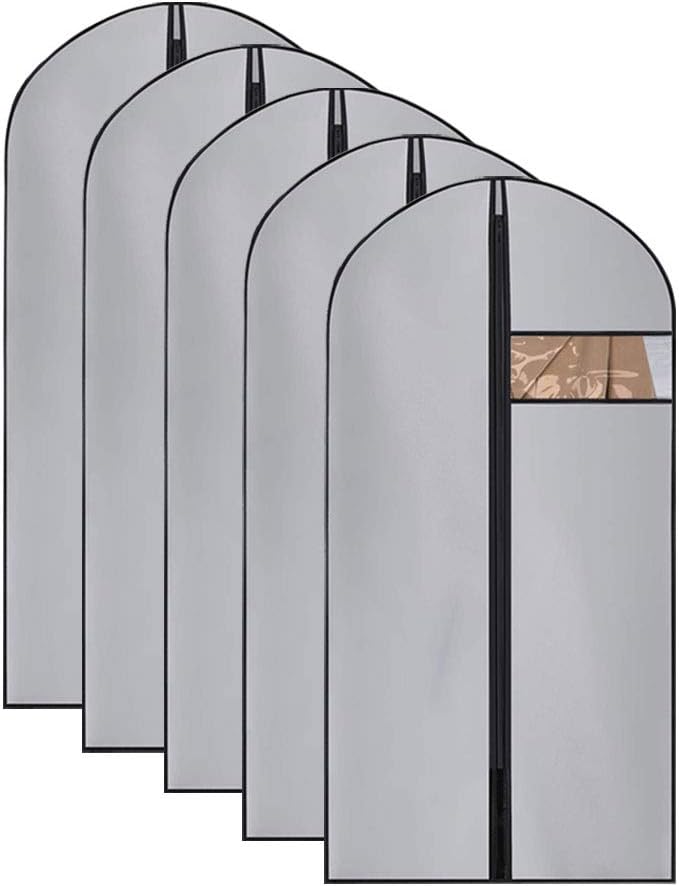 UOUEHRA Garment Bag with PVC Windows Suit Bags (Set of 5) with Study Full Zipper for Suit Clothes Storage Closet(Grey, 48 X 24 inch)