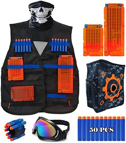Wolftop Kids Tactical Vest Kit for Nerf Guns N-Strike Elite Series, with Tactical Vest, Target Pouch, Protective Glasses, Wrist Band, Tactical Mask, 2 Reload Clips and 50 Refill Darts