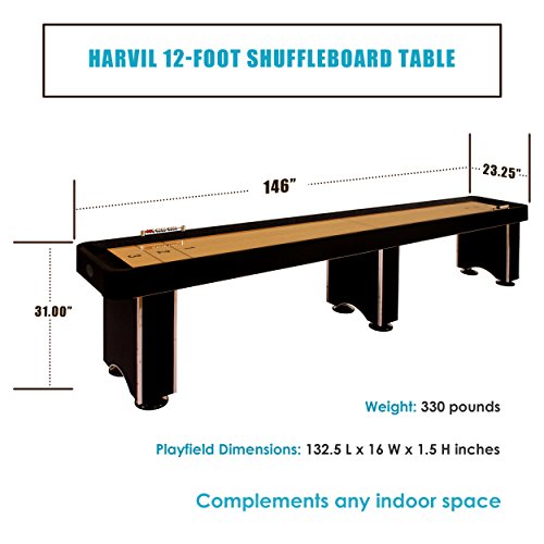 Harvil 12-Foot Shuffleboard Table with Complete Shuffleboard Accessories, Built-In Storage Cabinet, and Leg Levelers