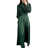 xxxiticat Women's Green Satin Dress Long Lantern Sleeve Mock Neck Puff Shoulder Tie Waist Pleated Cocktail Maxi Slip Dresses