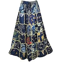 Women's Long Skirt Blue Vintage Ethnic Patchwork Rayon Maxi Skirts S/M