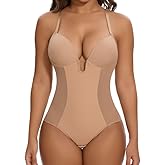 SHAPERIN Women's Backless Body Shaper Bra Faja U Plunge Low Back Thong Shapewear Tummy Control Deep V Bodysuit