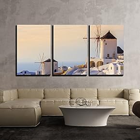 3 Piece Canvas Wall Art - Famous View of Oia Village at The Island Santorini, Greece in Sunset Rays - Modern Home Art Stretched and Framed Ready to Hang - 16"x24"x3 Panels