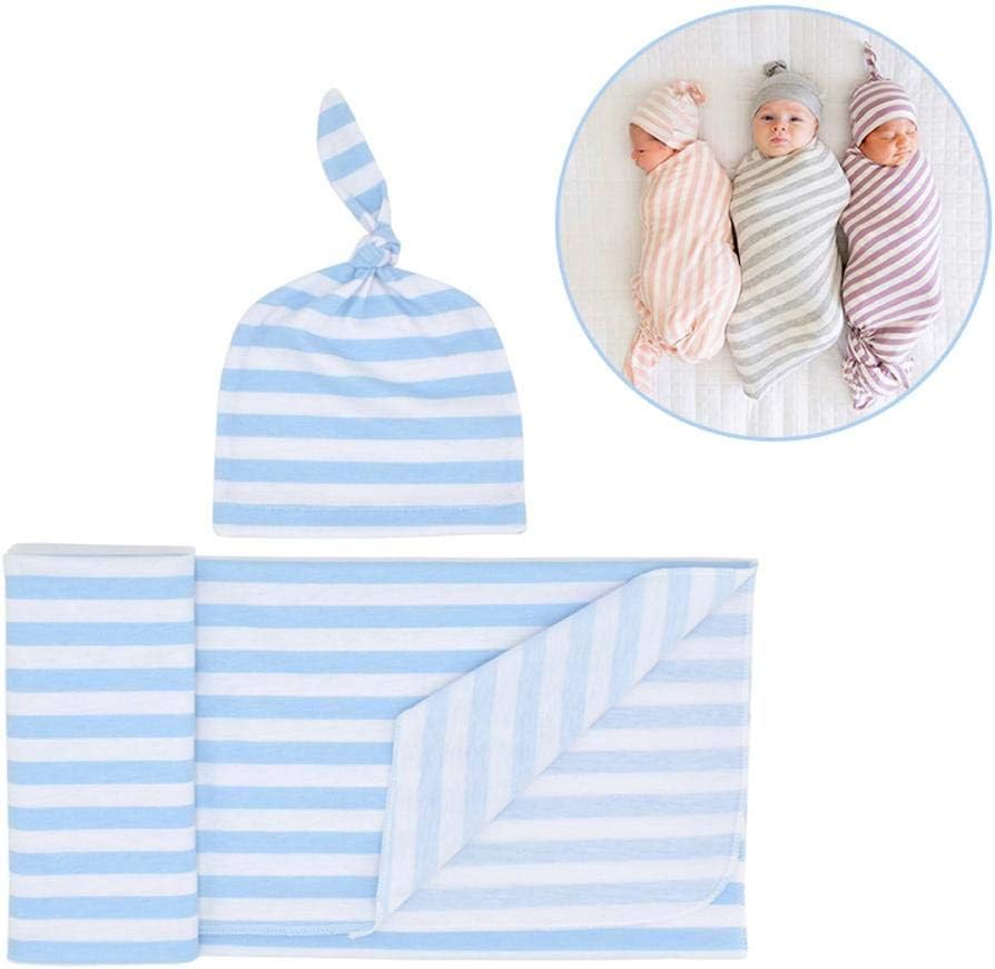 EUTUOPU Swaddle Blanket & Hat Set, Baby Newborn Receiving Blanket Headband Set For Boys And Girls Stripe Wrap Blankets And Baby Caps (Sky Blue)