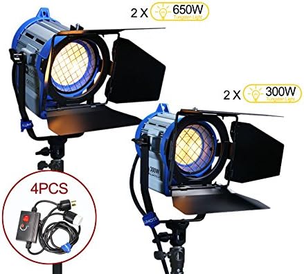 Alumotech 300WattX2+650WattX2+Dimmers 1900Watt Fresnel Tungsten Spotlight Halogen Lamp Studio Video Light Kit for Camera Lighting Compatible Bulb