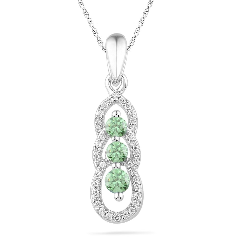 Platinum Plated Sterling Silver Lab Created Emerald and Round Diamond Fashion Pendant (0.58Cttw)