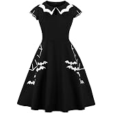 Wellwits Women's Bat Spider Web Embroidery Vintage Dress | Halloween,Costume,Theme Party,Non-Stretchy Fabric