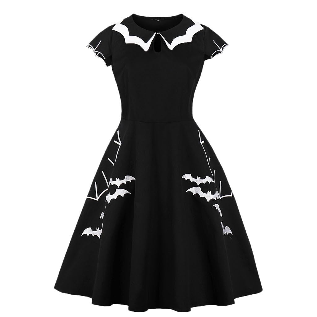Photo 1 of Wellwits Women's Bat Spider Web Embroidery Halloween Vintage Dress Black 2XL Plus
