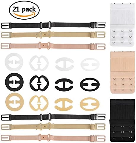 LETS MEETi 21 Pack Bra Strap Clips Set, 12pcs Bra Clips + 6pcs Adjustable Non-slip Elastic Bra Straps Holders + 3pcs 3 Hooks 3 Rows Soft Bra Extenders for Women Full Cup Size