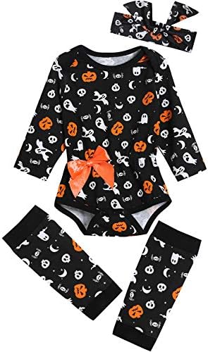 Baby Girls' 3PCS Ghost Outfits Set Halloween Pumpkin Costume Long Sleeve Bodysuit