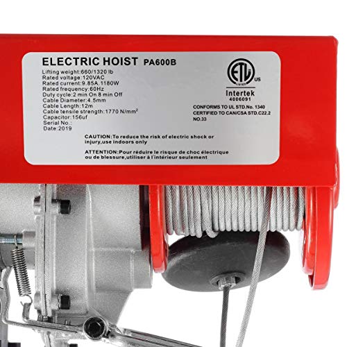 Partsam 1320lbs Automatic Lift Electric Cable Hoist with Wireless Remote Control 110V Overhead Crane Garage Ceiling Pulley Winch w Towing Strap Sling, Electric Wire Rope Hoist, 38ft Lift Height - Image 2