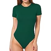 MANGOPOP Round Neck Short Sleeve Bodysuit T Shirt Bodysuit Casual Tops Deep Green S