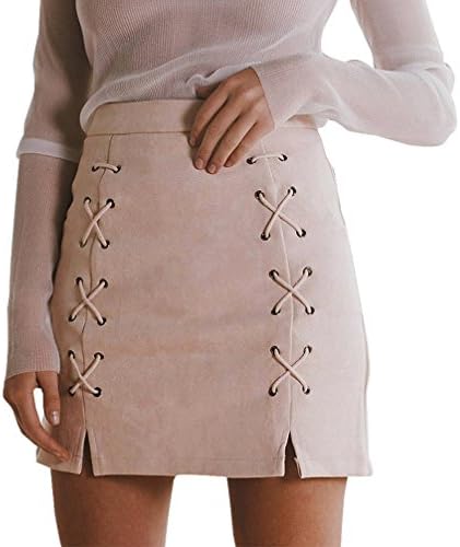 Winter High Waist Zipper Split Bodycon Leather Suede Pencil Cross Short SkirsM^^^Pink