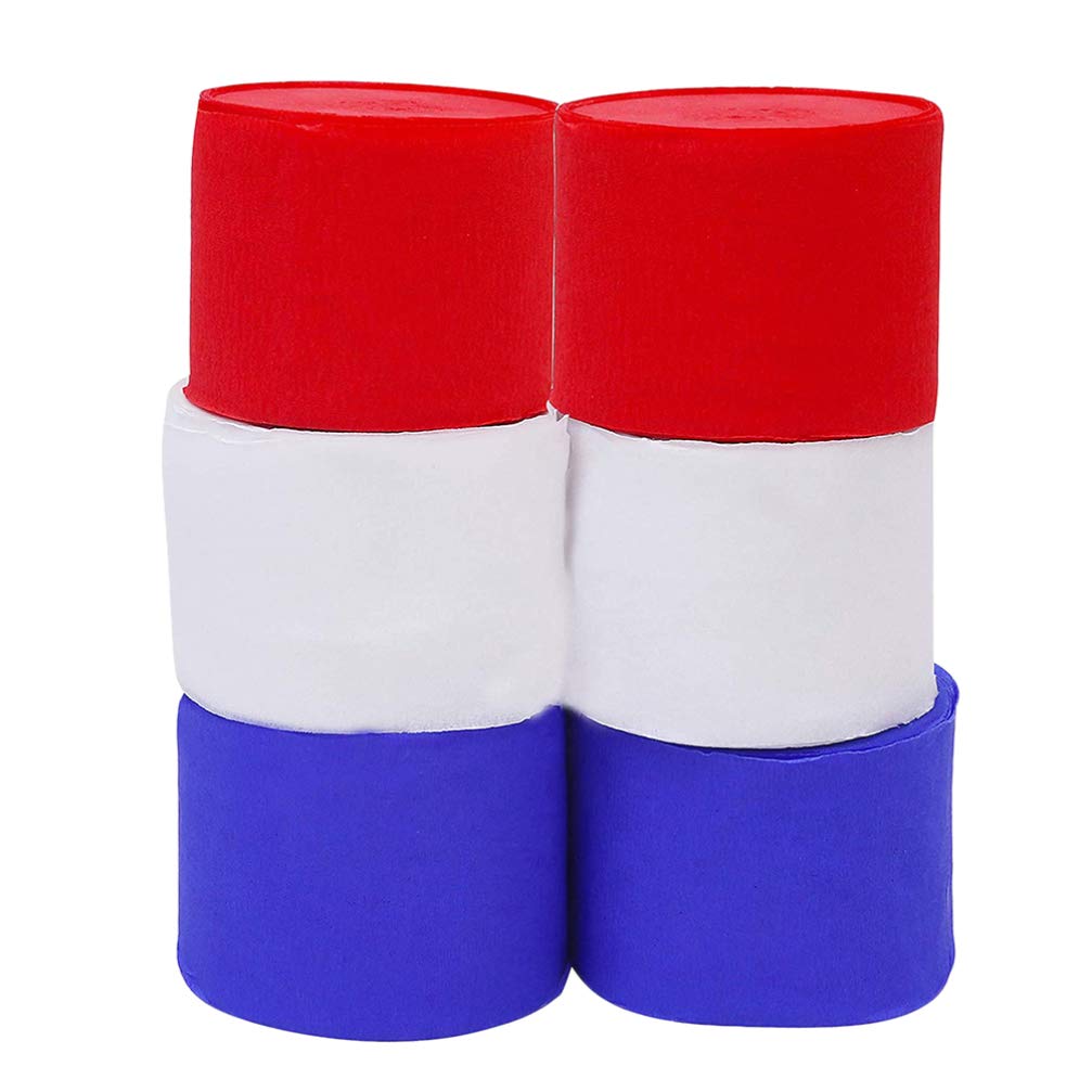 NUOBESTY 6pcs Party Crepe Paper Streamers Decoration, Party Streamer Paper for Wedding Birthday Festival Ornament Decor Crepe Rolls Crafts Decoration (White+Red+Royal-Blue)