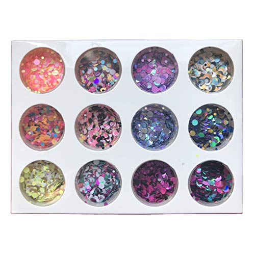Nail Art Flake 12 Boxes Nail Glitters Circle Confetti Glitter Chunky Glitters for Hair Face and Eye Make Up Foil Flakes for Slime (12 Colors, Circle-Mix)