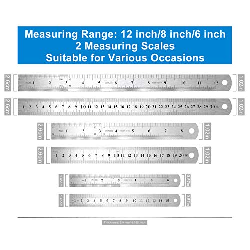 Stainless Steel Ruler, 3 Pcs Double-Scale Metal Ruler with Storage Bag, 6 Inch/15cm, 8 Inch/20cm and 12 Inch/30cm Metric Ruler for School, Office, Architect, Engineers, Craft (Silver)