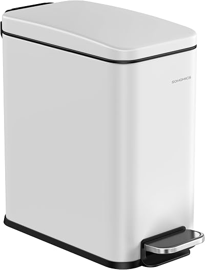 SONGMICS Narrow Pedal Bin 5L White Toilet Bin Slim Steel Soft Close LTB560W05
