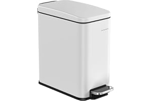 SONGMICS Bathroom Trash Can, 1.3 Gallon (5 L) Small Trash Bin with Lid, Slim for Small Spaces, Stainless Steel Garbage Can, Soft Close, White ULTB560W05
