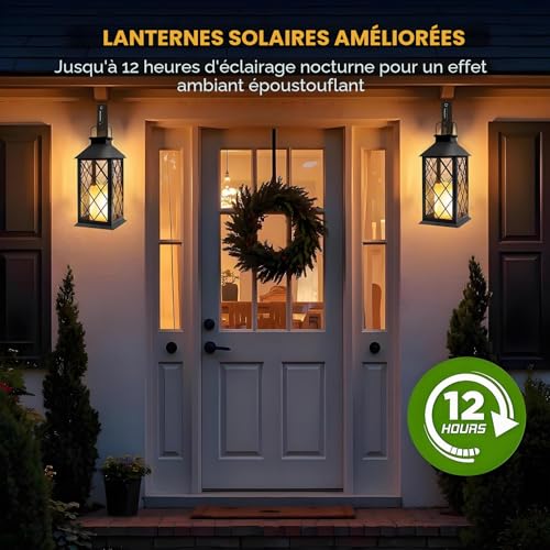 Yowin 2 x 35 cm Large Solar Garden Lantern with Candle, Tempered Glass, Waterproof Table Lamp Hanging Lamp, Solar Outdoor for Balcony Garden – Black