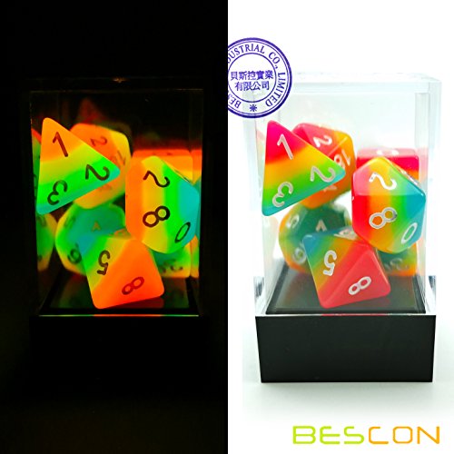 Bescon Fantasy Rainbow Glowing Polyhedral Dice 7pcs Set Midnight Candy, Luminous RPG Dice Set Glow in Dark, Novelty DND Game Dice d4 d6 d8 d10 d12 d20 d% in Brick Box - Thumbnail 7
