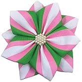 Pink, Green, and White Striped Brooch Pin, Pink and Green Grosgrain Ribbon with Crystal Accent, Decorative Fashion Accessory, Sorority Paraphernalia Flower Brooch Pin for Women Greek, AKA Sorority Inspired for D9 Events, Conferences, Luncheons, J15
