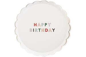 Bonjour Fete White Happy Birthday Paper Party Plates | Disposable, Cake Size | Premium Supplies | Happy Birthday Decorations | Pack of 8, 8.5" D