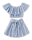 Greenafter Toddler Girl Stripe Off-Shouler Tube Top + Pant Set Outfit (Blue(Skirt Set), 4-5Years)
