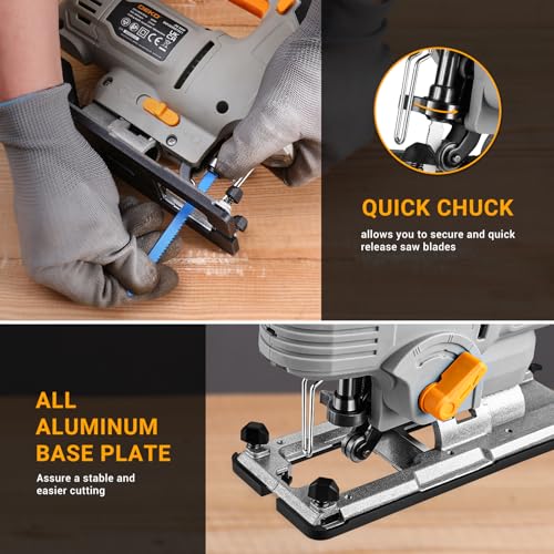 Electric Jigsaw: DEKOPRO 550W Wood Saw with 6 Variable Speeds from 800 to 3000 Cuts per Minute with LED Light, ±45° Inclined Cutting and 8 Blades for Wood, Metal and Plastic
