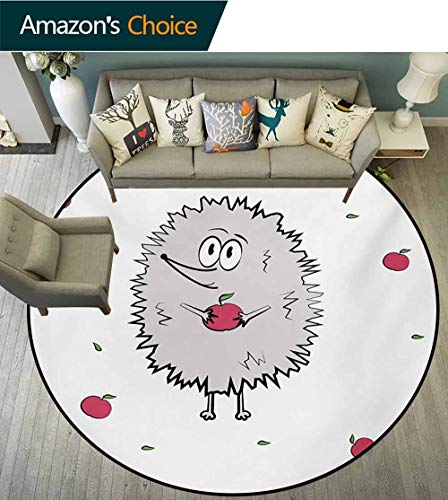 RUGSMAT Hedgehog Modern Washable Round Bath Mat,Happy Animal Apples and Leaves Doodle Style Cartoon Drawing Fun Illustration Non-Slip Bathroom Soft Floor Mat Home Decor,Diameter-55 Inch