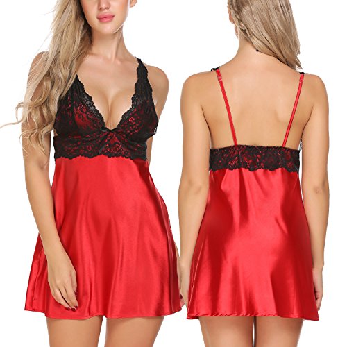 Avidlove Women's Satin Sleepwear Deep V Lingerie Lace Chemise Backless Nightwear Red XL