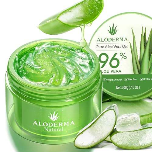 Aloderma Organic Aloe Vera Gel for Face & Body, 96% Pure Aloe Gel Made within 12 Hours of Harvest, Ideal for Skin, Scalp, & Hair Hydration, Calming Moisturizer for Soothing After Sun Care, 7.05oz