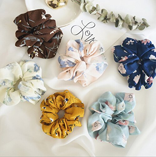 Teemico Set of 6 Pieces Large Women's Chiffon Flower Hair Scrunchies Hair Bow Chiffon Ponytail Holder,Style 2