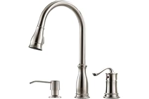 APPASO 3 Hole Pull Down Kitchen Faucet with Pull Down Sprayer Stainless Steel Brushed Nickel, 2 Hole Pull Out Kitchen Sink Faucet with Side Single Handle with Soap Dispenser, APS218BN