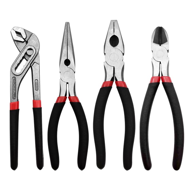 4 Pack 8" Multi Tool Pliers Set,Cr-V Combination Pliers,Including Groove Joint Plier,Diagonal Cutting Plier,Needle Nose Plier,Linesman Plier for Basic Repair