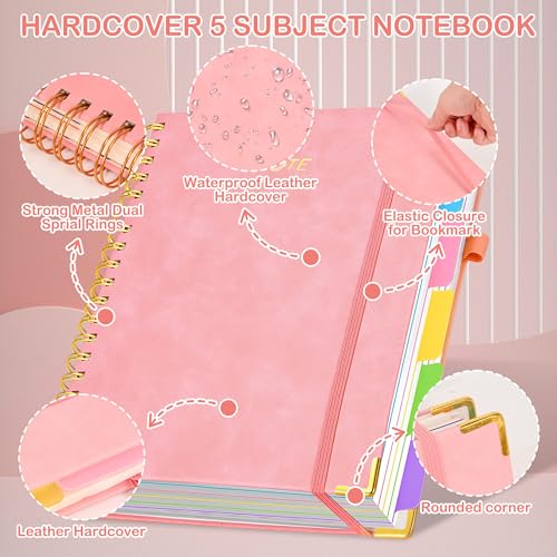 FREBLASO 5 Subject Notebook with Removable Dividers Tabs, 300 Pages Leather Hardcover Spiral Notebook College Ruled, 8"x10" Large B5 Notebooks for Work School, Lined Journal for Women, Pink