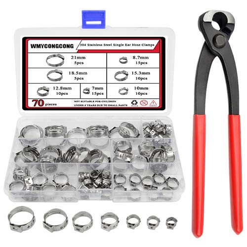WMYCONGCONG 70 Pcs 304 Stainless Steel Single Ear Hose Clamps with Ear Clamp Pincer Kit, 7-21mm
