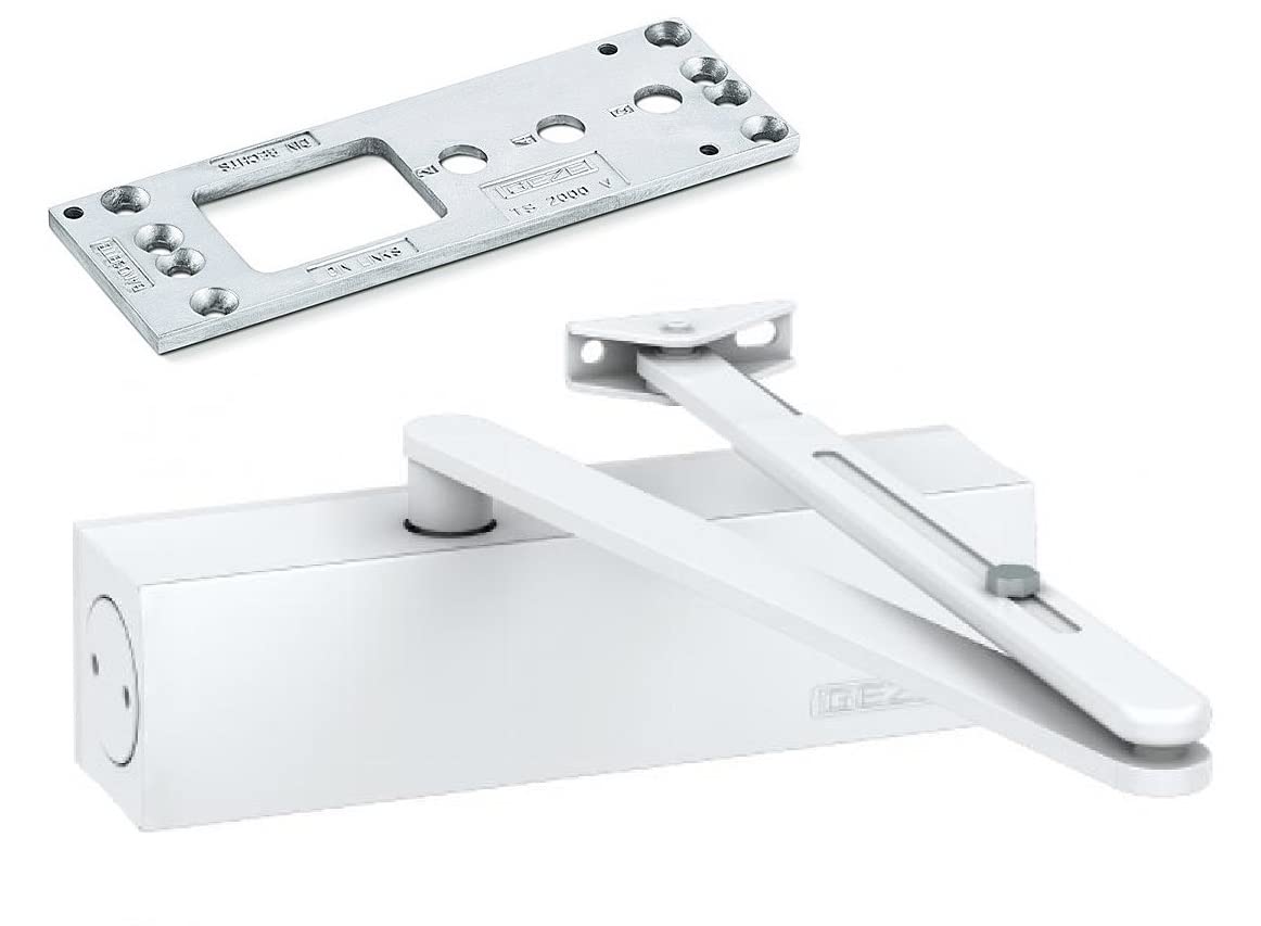 GEZE White TS 2000 V BC Linkage Door Closer for Single Leaf Doors up to 1250 mm Wing Width with Frame and Mounting Plate / Set 3 in 1, White