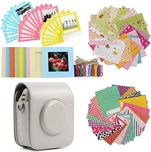 Jinshen Bundle Kit Accessories Beige Protective Case Shoulder Bag, Wall Hanging Photo Frames, Wooden Clips, Lace Pouch Bags, Sticker Borders Set For Fujifilm Instax Square SQ20 Camera Films