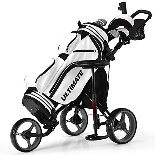 Tangkula Golf Push Pull Cart with Seat, Lightweight Foldable