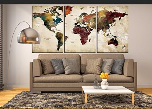 Framed Push Pin Travel Map wall art canvas print multi panel 3 pieces for kids room wall decal, abstract map of the world with country names hr73