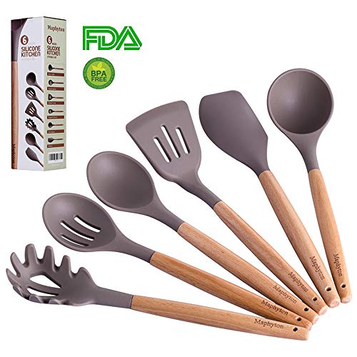 Silicone Cooking Utensils, 6 Pieces Nonstick Kitchen Tool Set BPA Free With Natural Acacia Hard Wood Handle By Maphyton