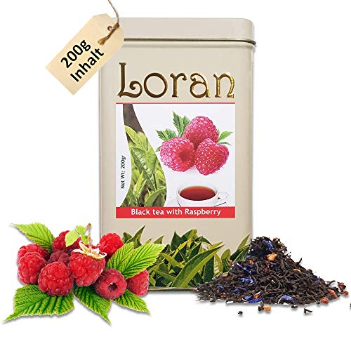 LORAN - Schwarzer Tee mit Himbeere, Premium Qualität, Ceylon Tee aus Sri Lanka, lose in Dose 200g, Himbeerstückchen…