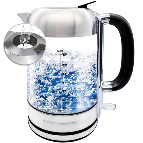 OVENTE Electric Kettle with 1.8L Borosilicate Glass, 1500W Instant Water Boiler and Heater for Coffee or Tea, BPA Free, Easy to Fill Lid, Auto Shut-Off and Boil Dry Protection, Silver KG71S