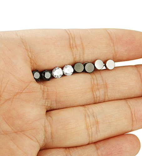 FUNRUN JEWELRY 4-6 Pairs Stainless Steel Stud Earrings for Men Women CZ Round Earrings Black 3-8mm (Style A:6 Pair5mm)