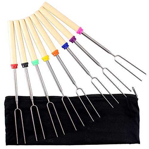 Marshmallow Roasting Sticks Extending Roaster Set of 8 Telescoping Smores Skewers & Hot Dog Forks 32 inch Fire Pit Camping Cookware Campfire Cooking Kids with Free Bag