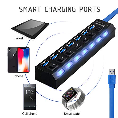 USB 3.0 HUB Splitter for Ps4,2win2buy 7 Port High Speed USB Data Hub Individual On Off Switches & Lights for Laptop PC Computer Mac Flash Drive Playstation 4 Slim Pro (No AC Adapter)