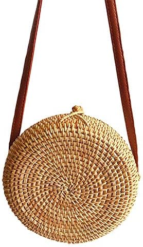 👝Circle Handwoven Bali Round Retro Rattan Straw Vacation Beach Bag Crossbody (B)